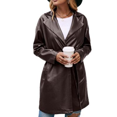 China New Style QUICK DRY Trim Winter Motorcycle Leather Trench Coat Women's Long Sleeve Jackets And Coats for sale