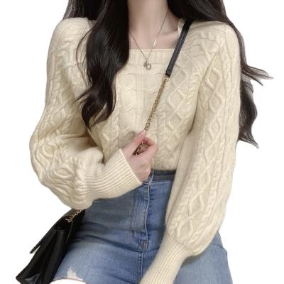 China Winter anti-pilling twist texture soft square neck slimming sweater Korean version of the chic multi-color optional bubble woolen t long sleeve for sale