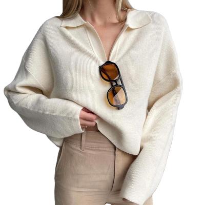 China Autumn female lapel sweater color V-neck blouse mid length loose casual simple pure long-sleeved basic French style anti-shrink thinner for sale