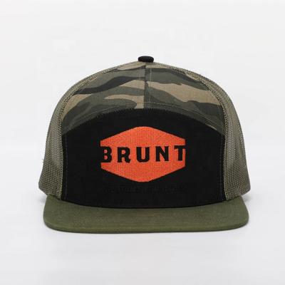 China High Quality Custom 7 COMMON Panel Cotton Hip Hop Hats Embroidered Trucker Mesh Caps Logo Flat Bill Camo Snapback for sale