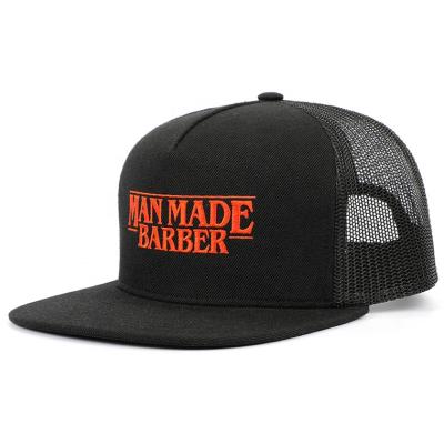 China COMMON Customized 5 Panel Black Flat Brim Structured Embroidered Logo Mesh Back Snapback Closure Trucker Hat for sale