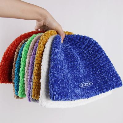 China Fisherman Hat Fall And Winter Solid Color COMMON Chenille Knitted Minority Female Bucket Hat for sale