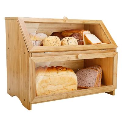 China Freshness Keeping Double-Layer Bamboo Bread Box For Bread Storage Bread Bins For Kitchen Counter Top for sale