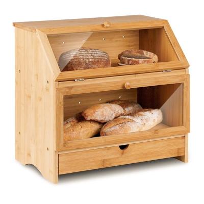 China Wholesale Custom Natural Clear Bamboo Bread Box Front Window Drawer Bamboo Large Bread Storage Bin 2 Layers Food Contaienr for sale