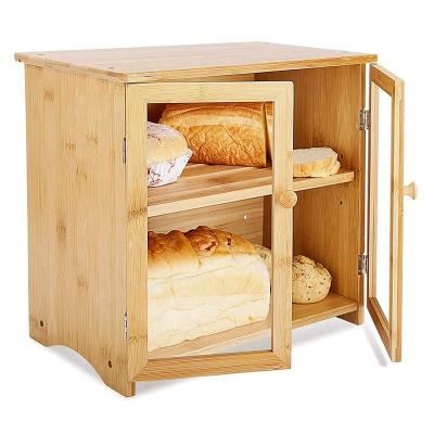 China Eco-friendly bamboo bread box with double door design and movable cutting board for sale