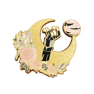 China Wholesale Hand Made Collectible America Yellow Moon And Pink Hard Enamel Beauty Zinc Alloy Man Badge for sale