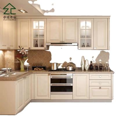 China Rustic Ghana L MDF PVC vacuum forming kitchen cabinet with central range hood for sale