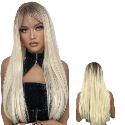 China EASIHAIR Daily Use Light Platinum Blonde Synthetic Straight with Ombre Women's Long Bangs wigs faker heat resistant natural hair for sale