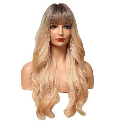 China EASIHAIR Daily Use Long Wave Synthetic Wigs With Bangs Resistant Ombre Brown Honey Blonde Middle Part Heat Hair Wigs For Black Women Party for sale