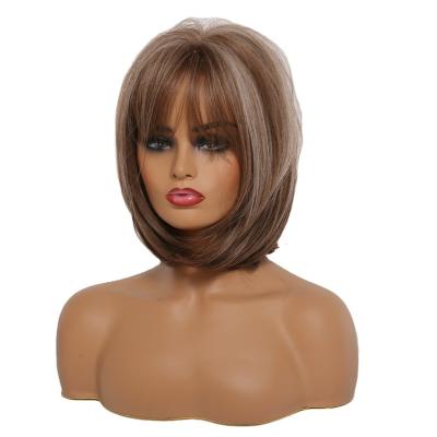 China EASIHAIR Use EASIHAIR Dark Brown Daily Short BoBo Hairstyle Bang Wigs With Blonde Cosplay Wigs Highlight Heat Resistant Synthetic Wigs For Women for sale