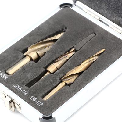 China 3Pcs Wood and Metal Three Flats Leg Spiral Groove Metric Step Drill Bit Set for Sheet Tube Metal Drilling in Box for sale