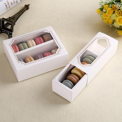 China Modern Design Recyclable Luxury Macarons Food Packaging Embalagens Slide Suction Box With PVC Window for sale