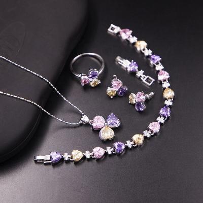 China New Cute Clover Multicolor Zircon Jewelry For Woman Fashion Necklace Earring Couple Ring Set Wedding Jewelry Anniversary Gift for sale