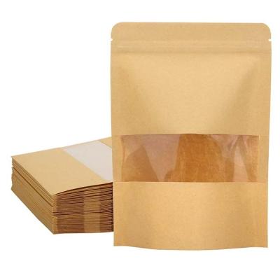 China Recyclable In Stock Brown Doypack Stand Up Pouch Kraft Paper Zip Lock Bags With Clear Window And Zipper for sale