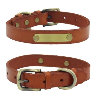 China Padded Genuine Leather Pet Collar Bronze Buckle Can Be Engraved Dog Collars for sale