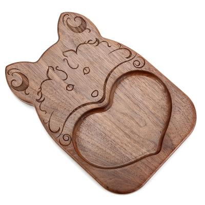 China Japanese Style Viable Cute Fox Shaped Laser Engraved Walnut Dish Wooden Serving Tray For Serving Food for sale