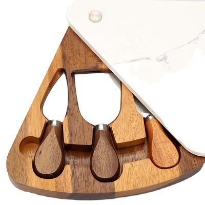 China Sustainable Hot Selling Amazon Products Cheese Fan-shaped Knife Set Marble And Acacia Wood Cheese Board Set For Party for sale