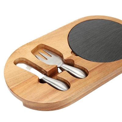 China Sustainable Hot Amazon Seling Acacia Slate Wood Cheese Board Set With 2pcs Cutlery for sale