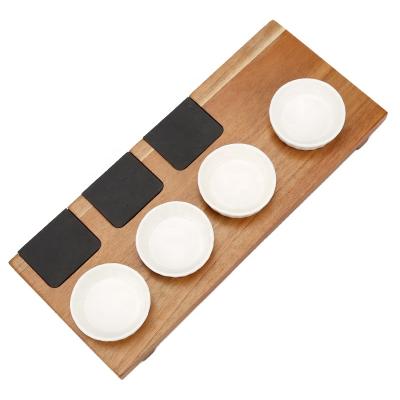 China For Acacia Serving Rectangle Wooden Serving Tray With 4 Pcs Ceramic Bowls And Mini Cheese Slate Snack Platter for sale