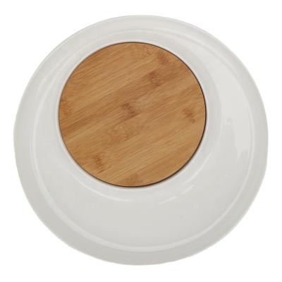 China Snack and Vegetable and Fruit Round Snack Plate White Ceramic and Bamboo Stylish Serving with Small Bamboo Cutting Board for sale