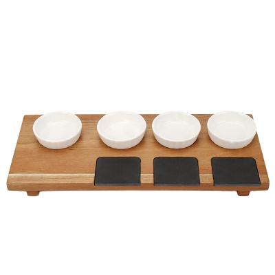 China To Serve Europe Best Selling New New Acacia Wood Serving Tray With Ceramic Seasoning Plate 4 Serving Tray With Natural Slate for sale