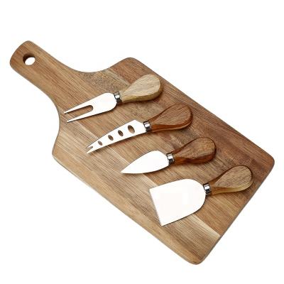 China Hot Sale Viable Mini Acacia Wooden Cheese Board Set With 4 Pcs Cheese Knife Gift Box for sale