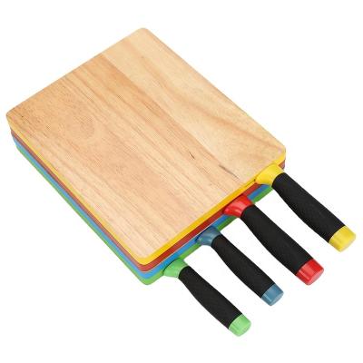 China NEW Design Sustainable Factory Food Safe 4pcs Kitchen Knife Set and Wooden Choppers Color Coded Knife Block and Board Set for Food for sale