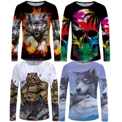 China Fast Delivery Anti-Wrinkle Wolf Long Sleeve T-shirts Flare Tops Custom Apparel Mens Tees 3D T-shirt Blank T-shirts Bulk for sale