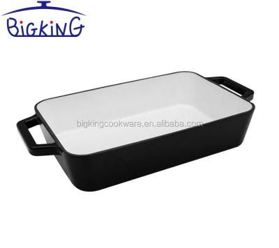 China Sustainable Rectangular Cast Iron Roasting Pan Home Cookware Roaster Baking Dish for sale