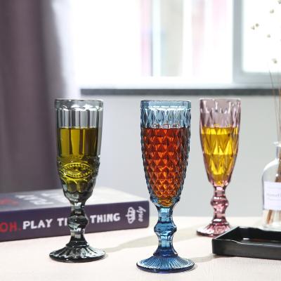 China Luxury Blue Glitter Embossed Tulip Ribbed Champagne Glass Vintage 150ml 5oz Tumbler Glassware For Wedding for sale