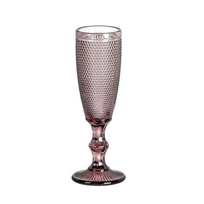 China Amazon Hot Sell 150ml 5oz Vintage Embossed Tumbler Glass Purple Flutes Wedding Embossed Champagne Wine Glass for sale