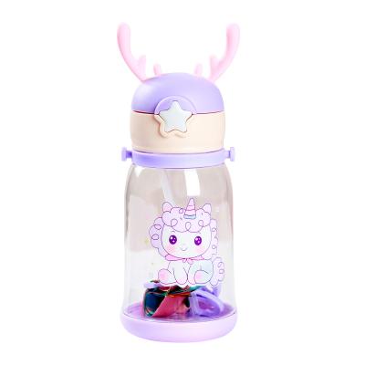 China Plastic Kids Straw Water C Cup Cartoon Antlers Kids Water Bottle Large Capacity Sports Viable Outdoor Cute Strap Water Bottle for sale