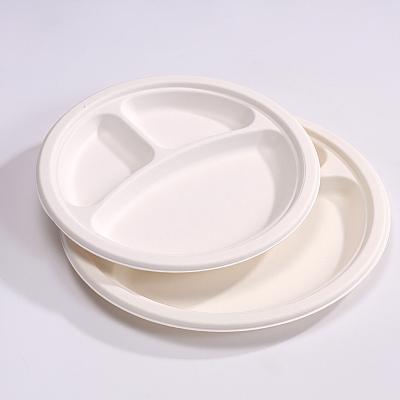 China Modern Wholesale Disposable Round Paper Plate Sugarcane Eco-Friendly Bagasse 3 Compartments Dishes With Divisions for sale