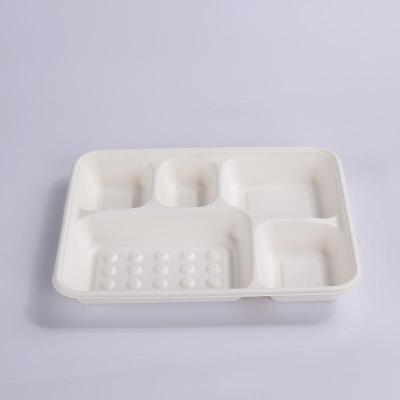 China 11 Inch Biodegradable Disposable Sugar Cane Bagasse Paper Pulp Box Anti-Slip Disposable Dish 5 Compartment Dishes With Lid Cover for sale