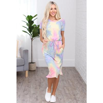 China Breathable Fashion Tie Dye Waist Round Neck Short Sleeve Dress Ladies for sale