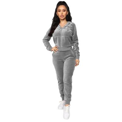 China Fashion Breathable Hooded Velvet Zipper Sweater Elastic Waist Pants Two Piece Women for sale