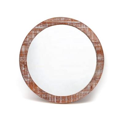 China Contemporary Cherry Effect Medium Size Round Wall Wood Washed Decorative Mirror for sale