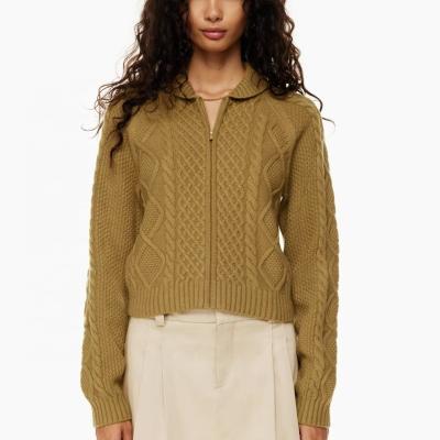 China Anti-wrinkle 2023 Design Fall Winter Fashion Bronzed Ocher Brown Soft Knit Cable-knit zip-up cardigans sweater for women for sale