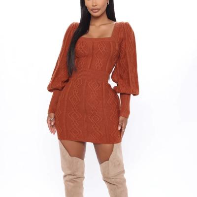 China Anti-wrinkle 2022 winter plus size Stretch girls long knitted Square Neck Long Sleeve Camel Women clothing Sweater Mini Dress for sale