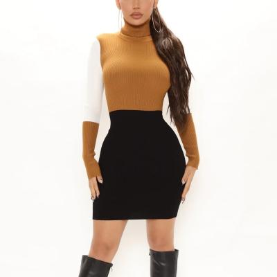 China Anti-wrinkle knitwear mufacturers custom Long Sleeve combo Color Block Turtle Neck bodycon Sweater Midi Dress sweater dress for sale