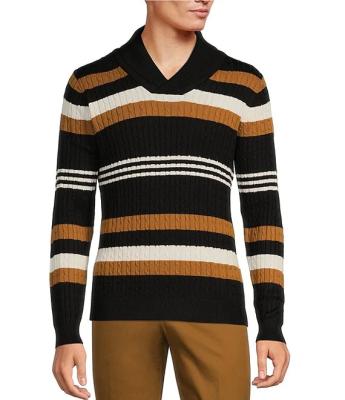 China Anti-wrinkle 2023 fashion Paris gentleman Collection Multicolor Stripe Shawl Collar Pullover Cable Knit Long sleeves Man Sweater for sale