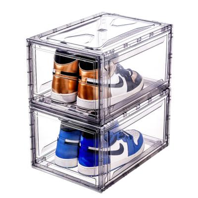 China Other Stackable Clear PET Acrylic Shoe Organizer Bins Magnetic Drop Front Open Sneaker Shoe Storage Box For Men's Lady's Shoes for sale