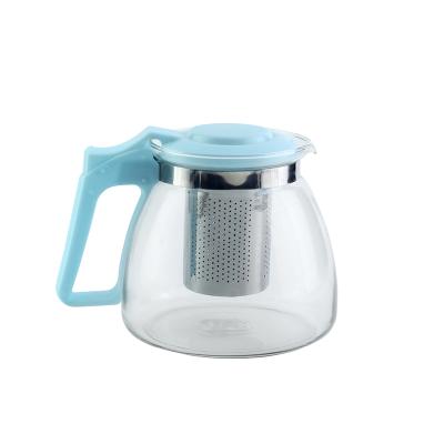 China 900ml Viable Fashion Printing Glass Teapot With Strainer Pitcher Water Jug Coffee Pitcher Drinking Pot With Handle And Plastic Filter for sale