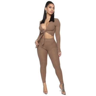 China Custom Made QUICK DRY Womens Sets High Waist And Two Piece Deep V-Neck Crop Tie Legging for sale