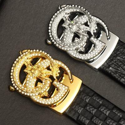 China Business Luxury Rhinestone Double G Belt For Mens Full Grain Leather Cowhide Belt Automatic Buckle Belt for sale