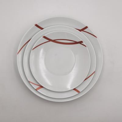 China Red And White Line Pattern Dish Restaurant Hotel Disk Sustainable Western Style Tray Flat for sale