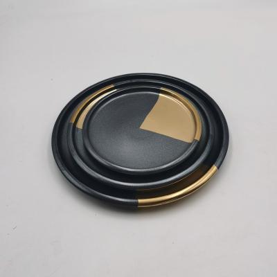 China Viable Wholesales 8/10/12 Inch Noodle Black Ceramic Dish Steak Gold Point Glaze Porcelain Flat Round Dish for sale