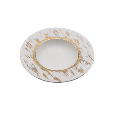 China Viable Luxury Light Rim Embossed Ceramic Plate Soup Bowl White Gold Quality Size Ceramic Porcelain for sale