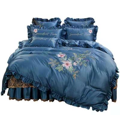 China Nondisposable summer solid color tencel satin bed skirt embroidered comforter cover ice silk lace four-piece bedding set for sale