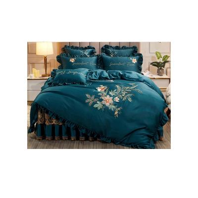 China Nondisposable luxury summer solid color satin bed skirt embroidered comforter cover, four-piece of ice silk lace set for bed room. for sale